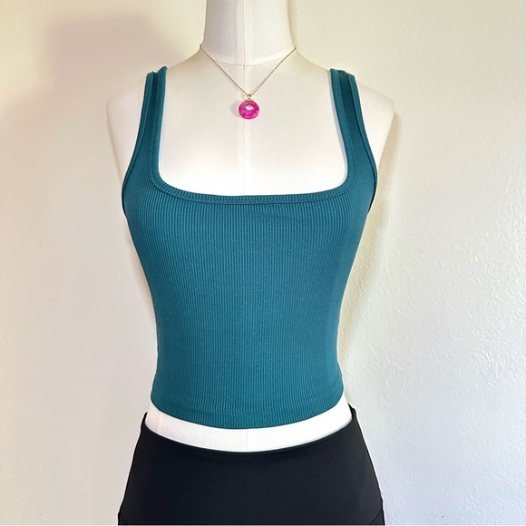 Tops - Teal Small Athleisure Square-neck Ribbed Cropped Tank Top (vibrant blue)